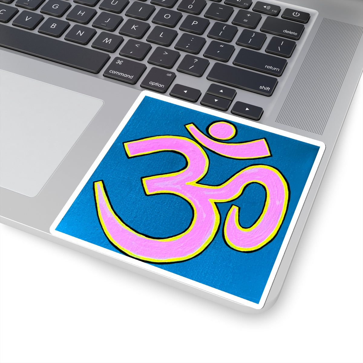 Pink & Yellow OM on Blue Sticker - Arjuna Rigby Art and Lifestyle Store
