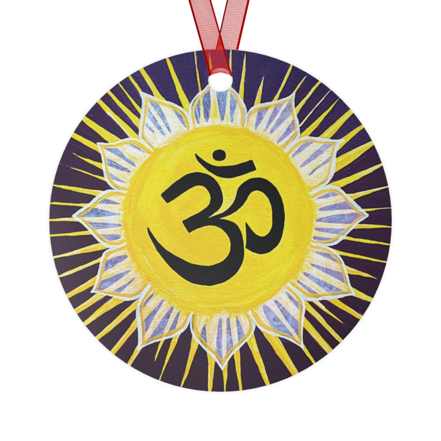 Sunburst Om on Purple metal ornament