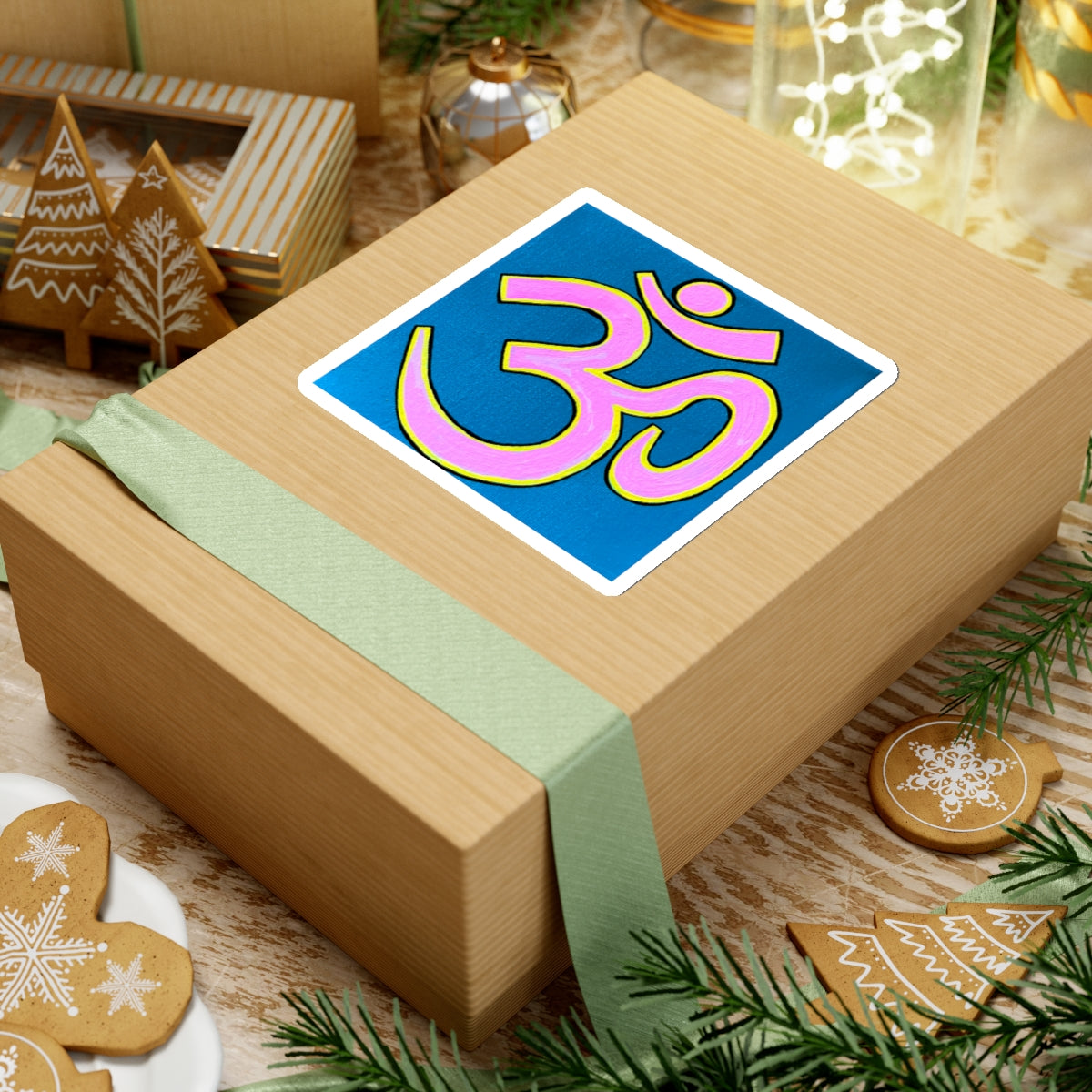 Pink & Yellow OM on Blue Sticker - Arjuna Rigby Art and Lifestyle Store