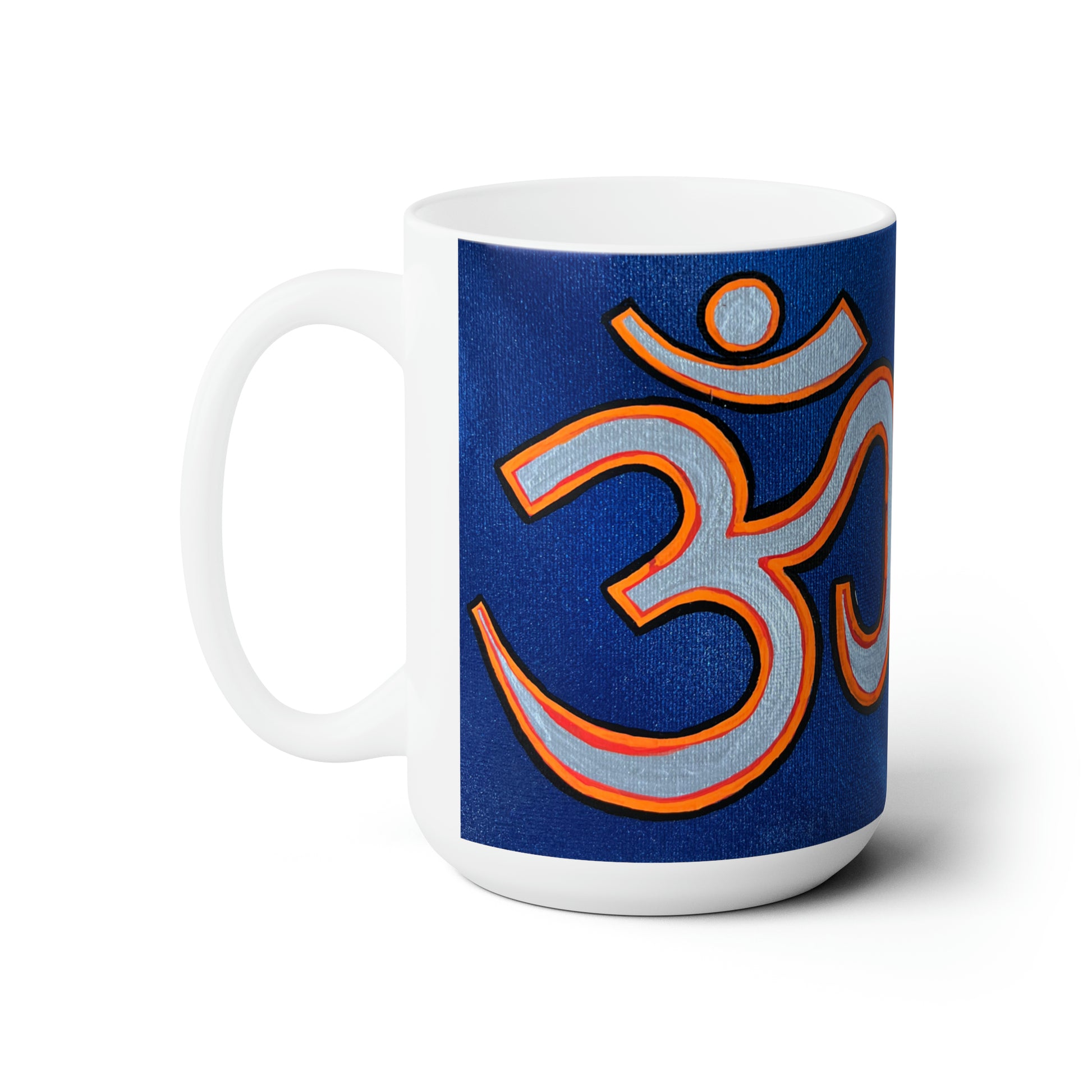 Orange & Silver OM on Metallic Blue Jumbo Size Mug - Arjuna Rigby Art and Lifestyle Store
