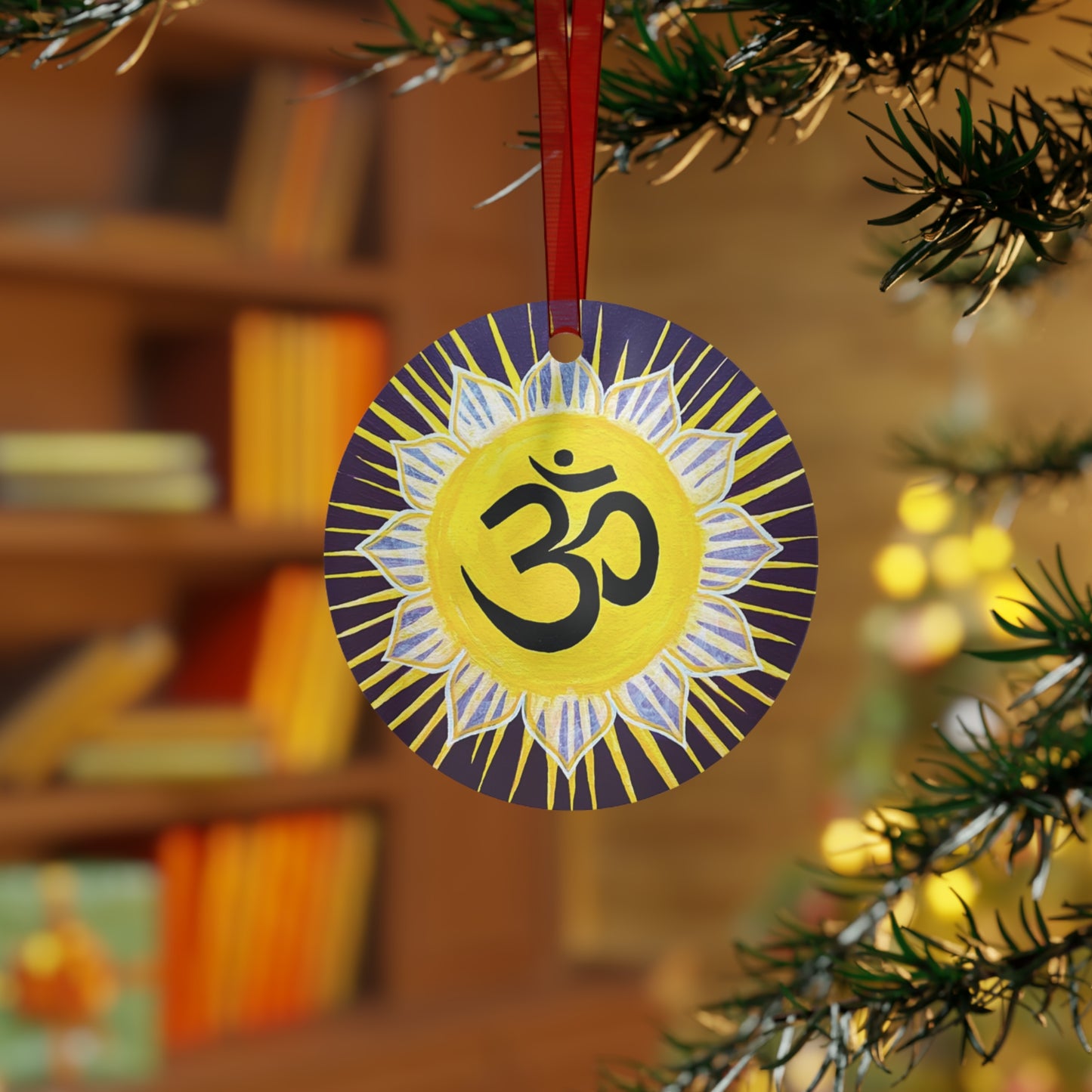 Sunburst Om on Purple metal ornament