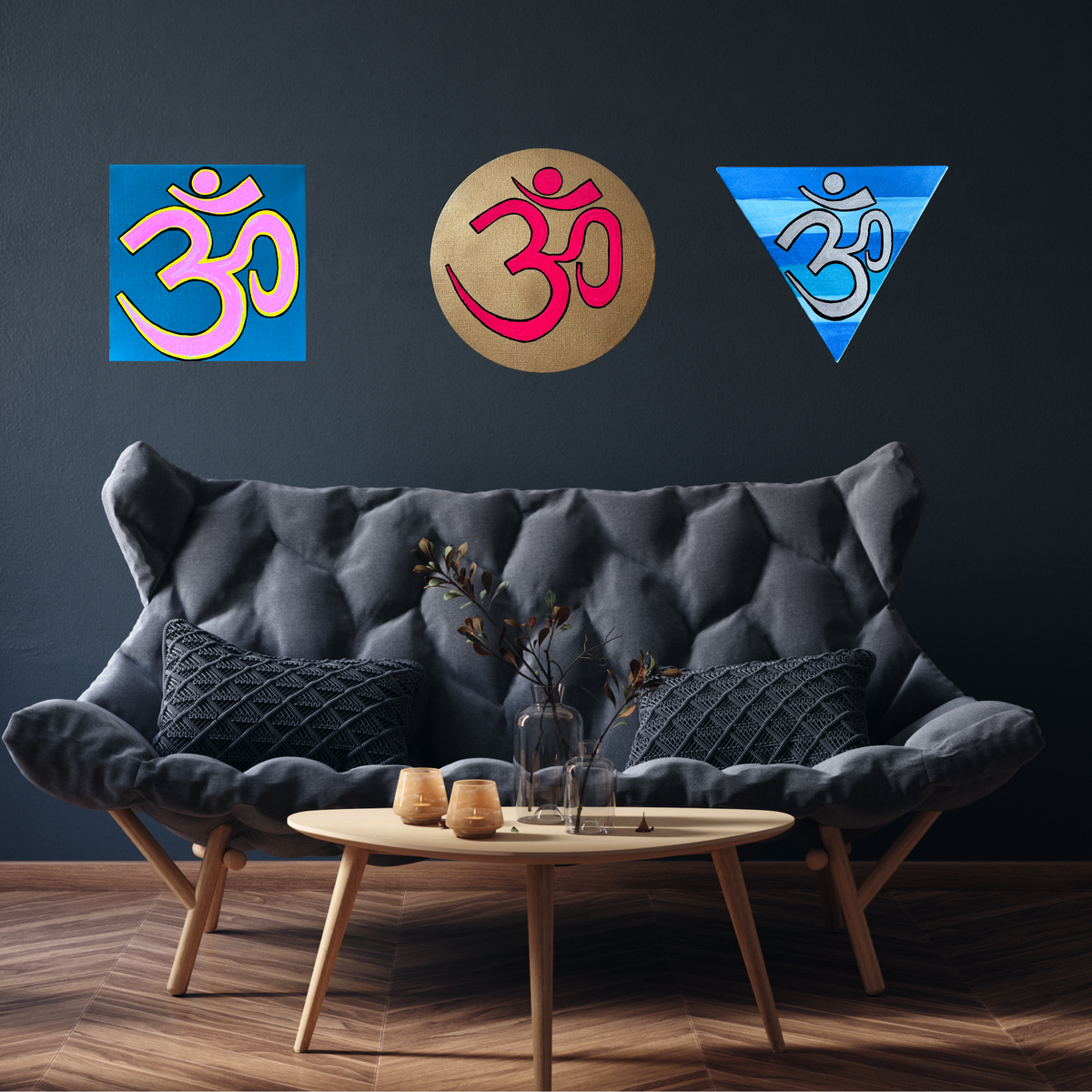 Pink & Yellow OM on Lagoon Blue 6 x 6 inch canvas - Arjuna Rigby Art and Lifestyle Store