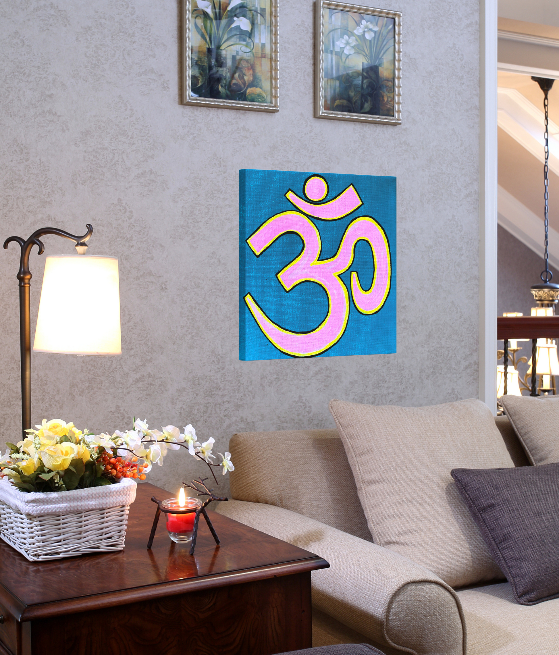 Pink & Yellow OM on Lagoon Blue 6 x 6 inch canvas - Arjuna Rigby Art and Lifestyle Store