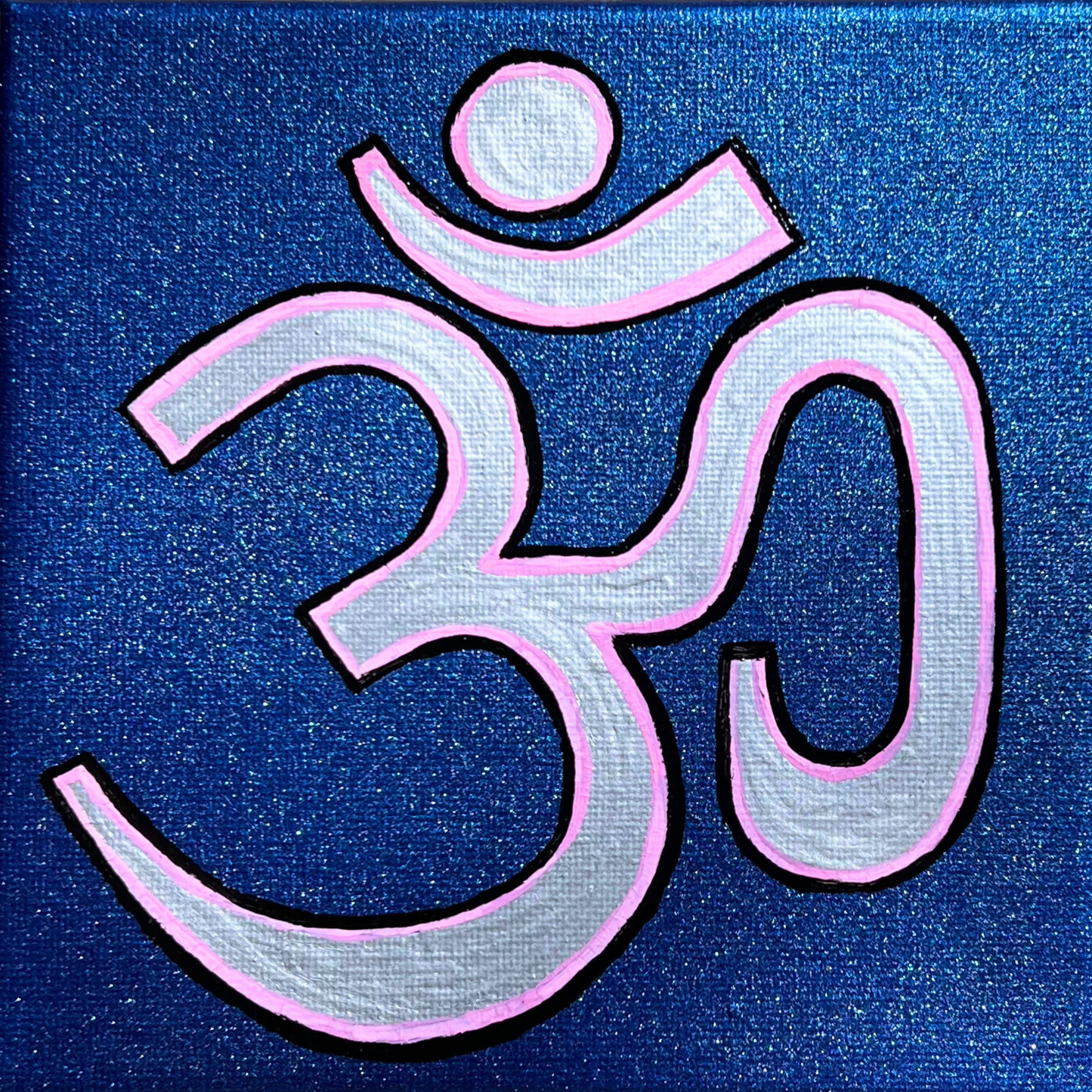 Pink & Silver OM on Metallic Blue 6 x 6 inch canvas - Arjuna Rigby Art and Lifestyle Store