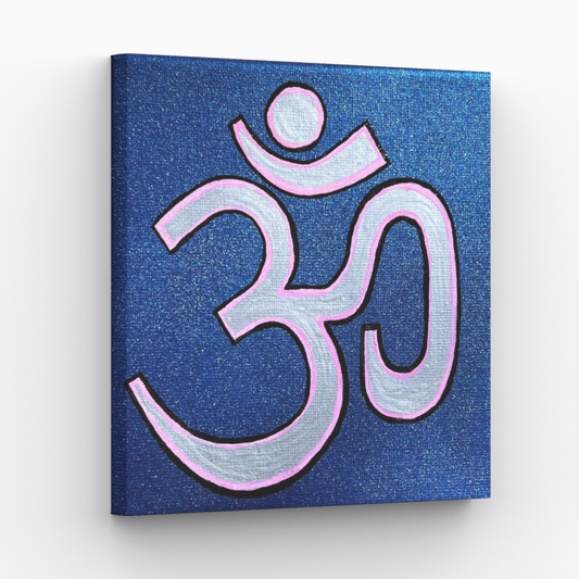 Pink & Silver OM on Metallic Blue 6 x 6 inch canvas - Arjuna Rigby Art and Lifestyle Store