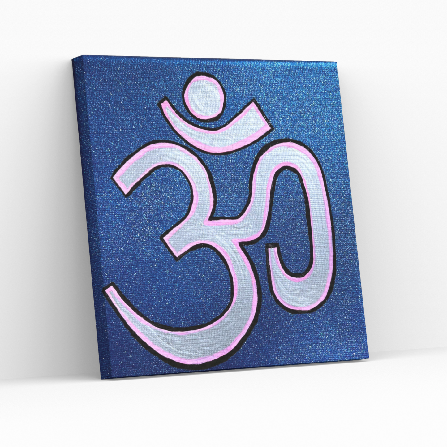 Pink & Silver OM on Metallic Blue 6 x 6 inch canvas - Arjuna Rigby Art and Lifestyle Store