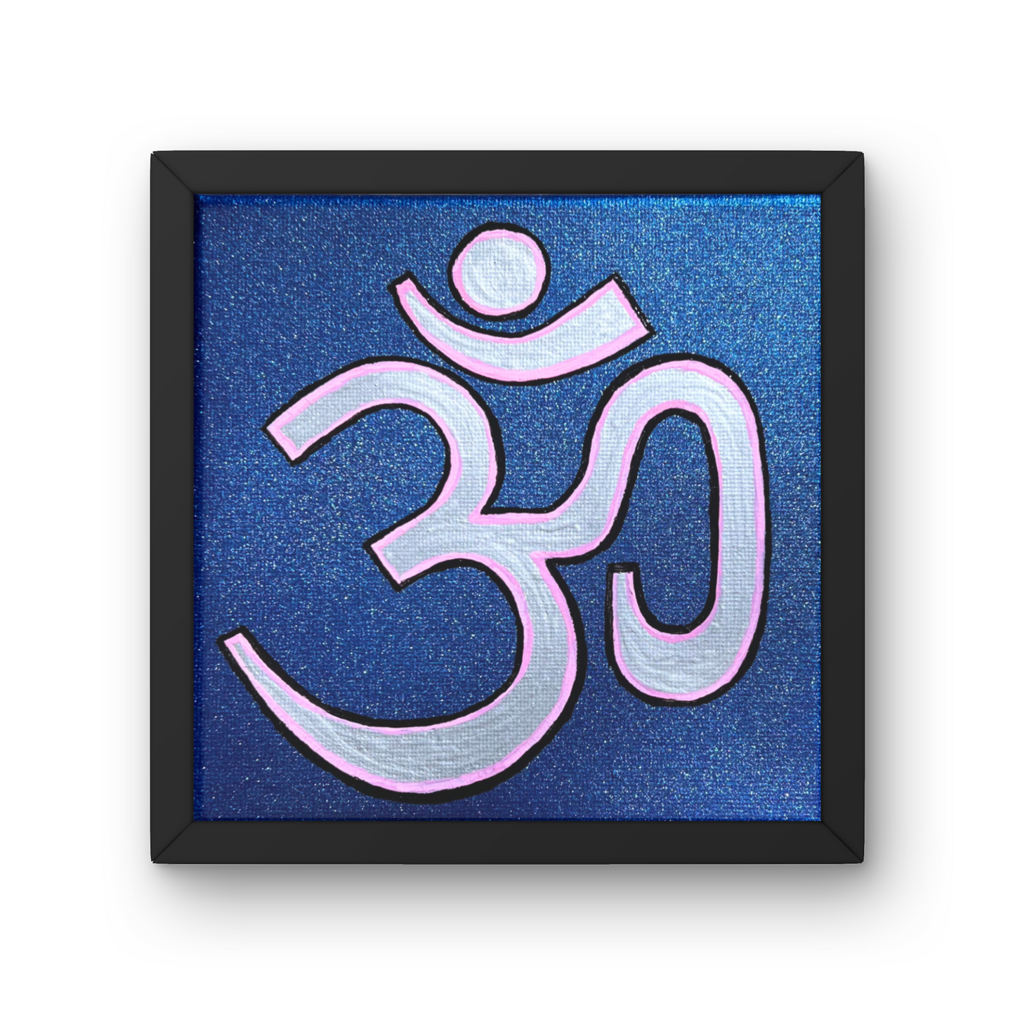 Pink & Silver OM on Metallic Blue 6 x 6 inch canvas - Arjuna Rigby Art and Lifestyle Store