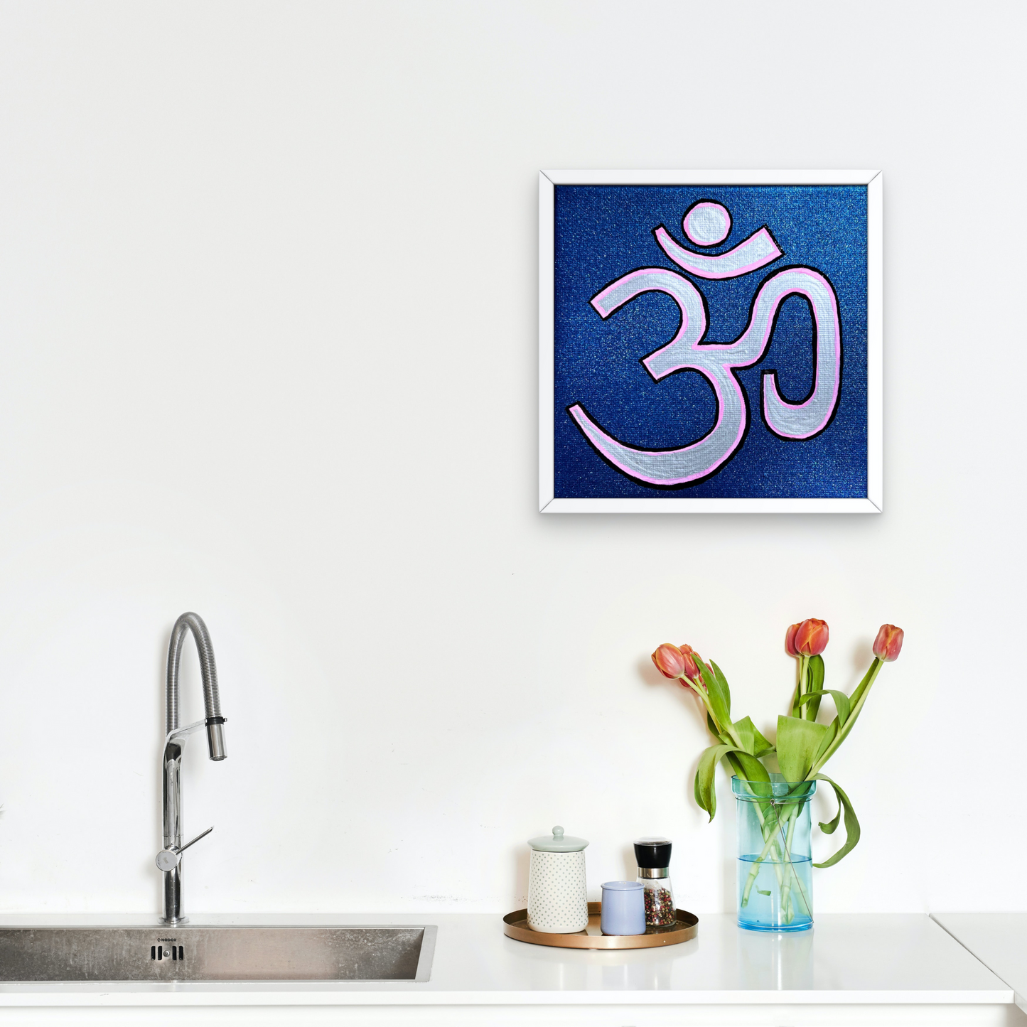 Pink & Silver OM on Metallic Blue 6 x 6 inch canvas - Arjuna Rigby Art and Lifestyle Store