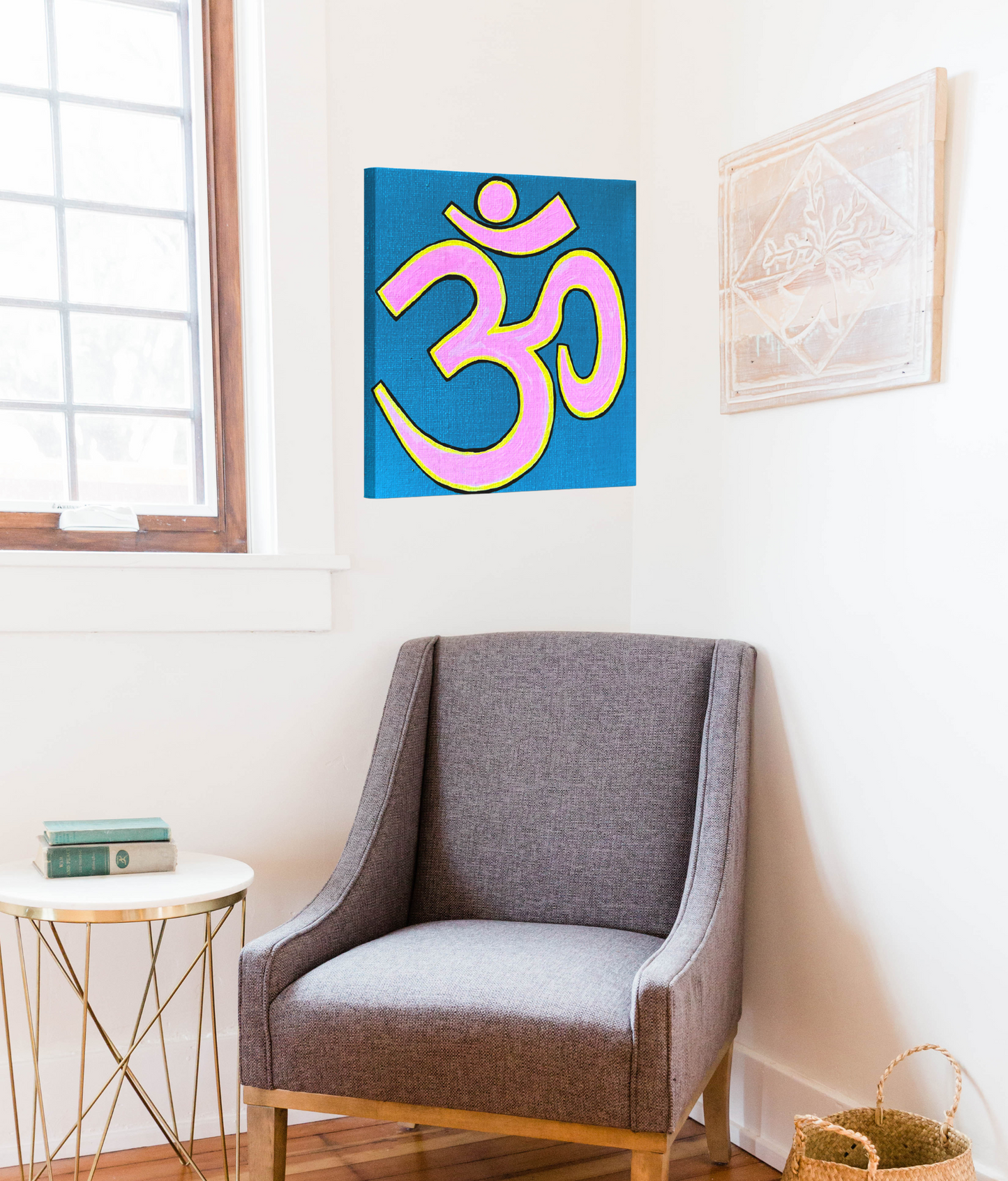 Pink & Yellow OM on Lagoon Blue 6 x 6 inch canvas - Arjuna Rigby Art and Lifestyle Store