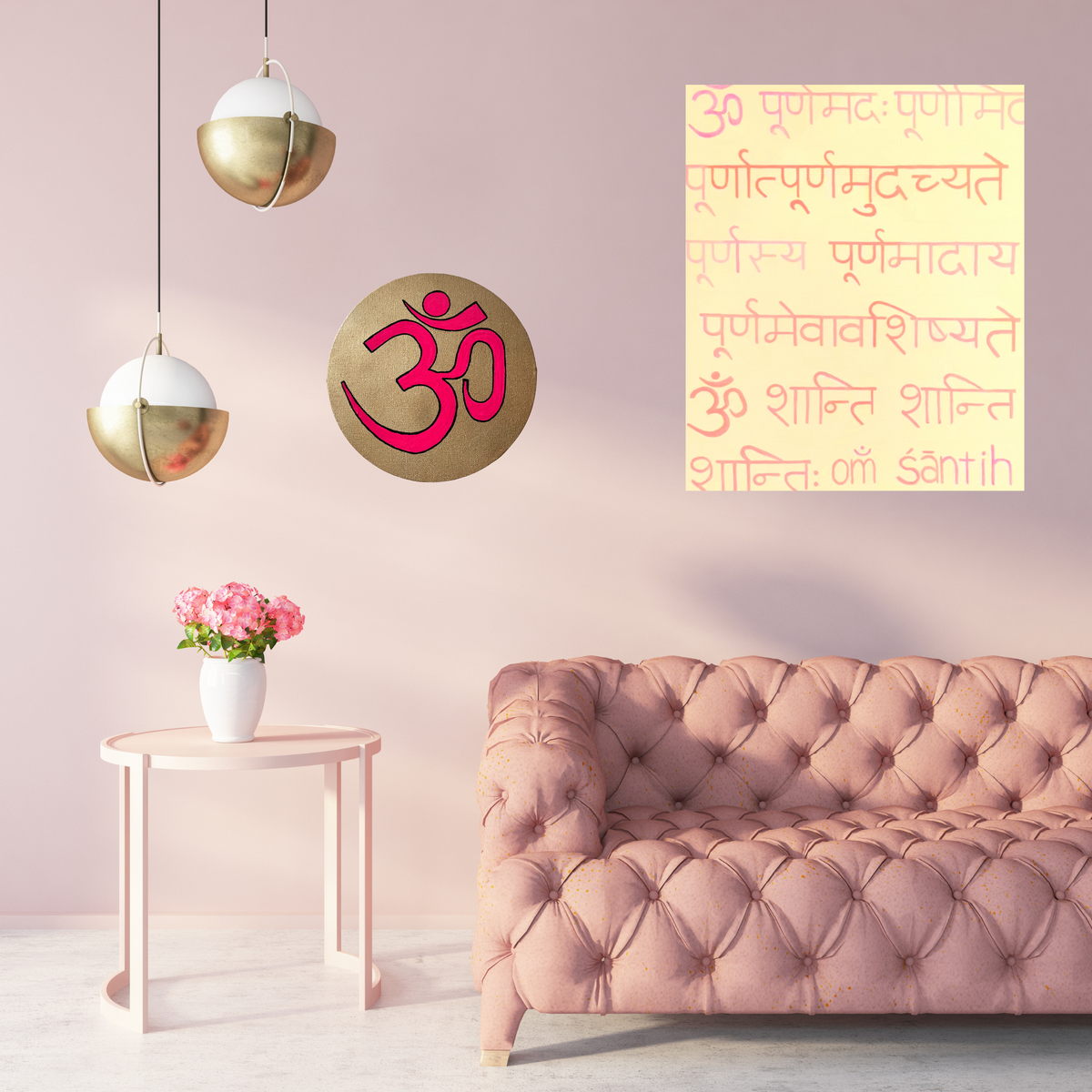 Pink OM symbol on gold background - Arjuna Rigby Art and Lifestyle Store