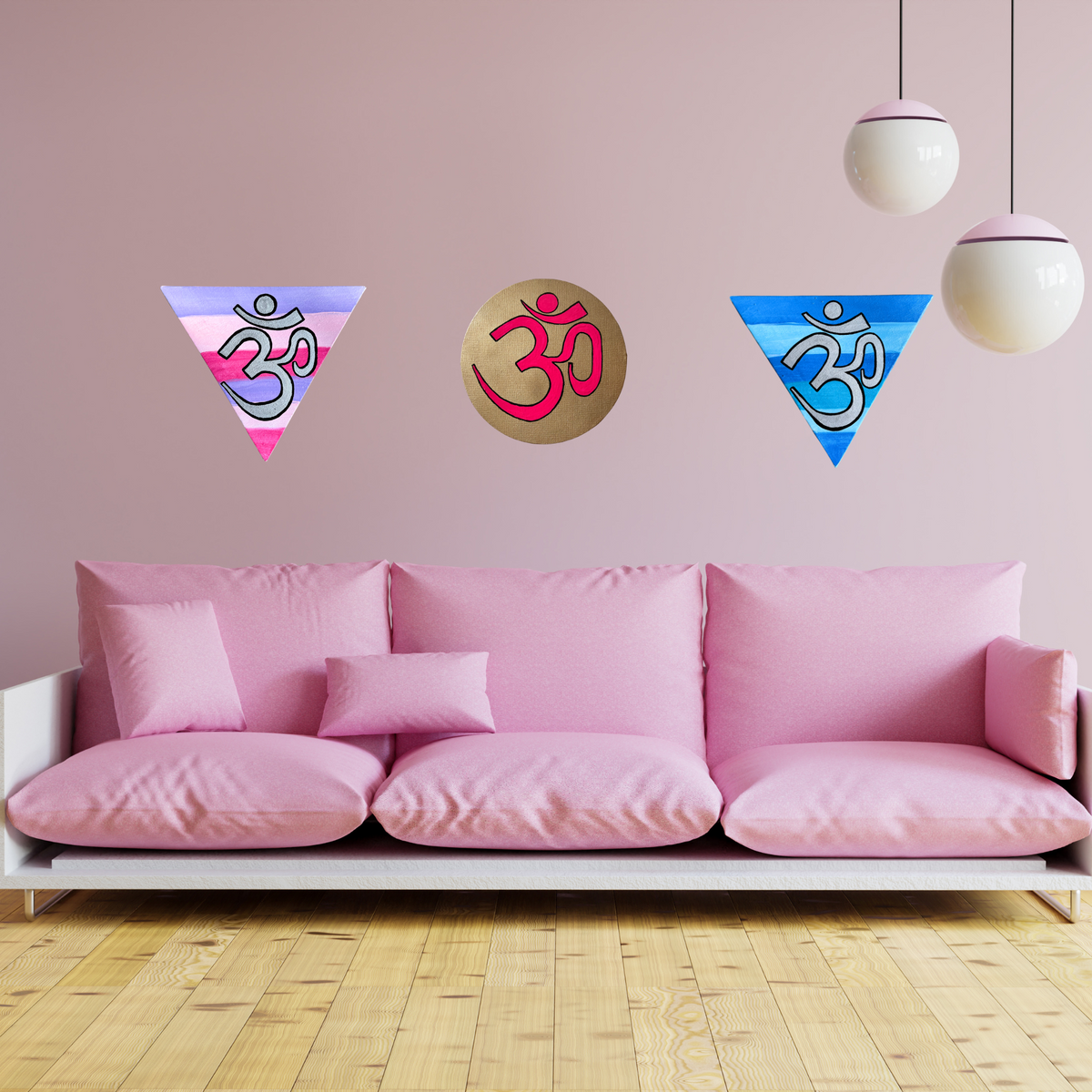Pink OM symbol on gold background - Arjuna Rigby Art and Lifestyle Store