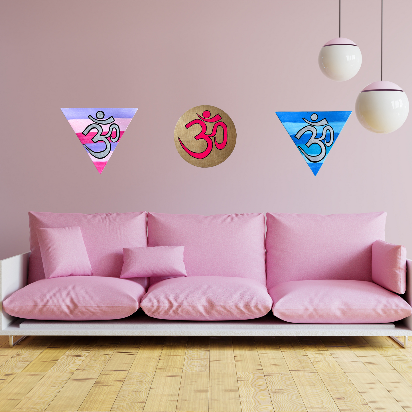 Pink OM symbol on gold background - Arjuna Rigby Art and Lifestyle Store