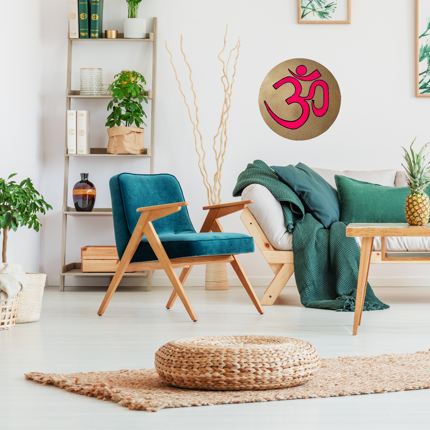 Pink OM symbol on gold background - Arjuna Rigby Art and Lifestyle Store