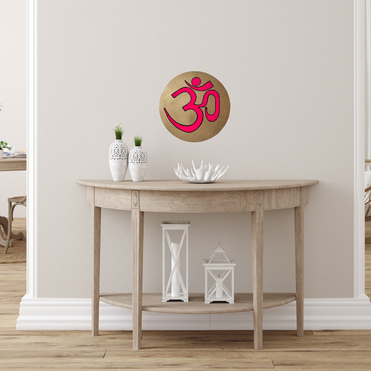Pink OM symbol on gold background - Arjuna Rigby Art and Lifestyle Store