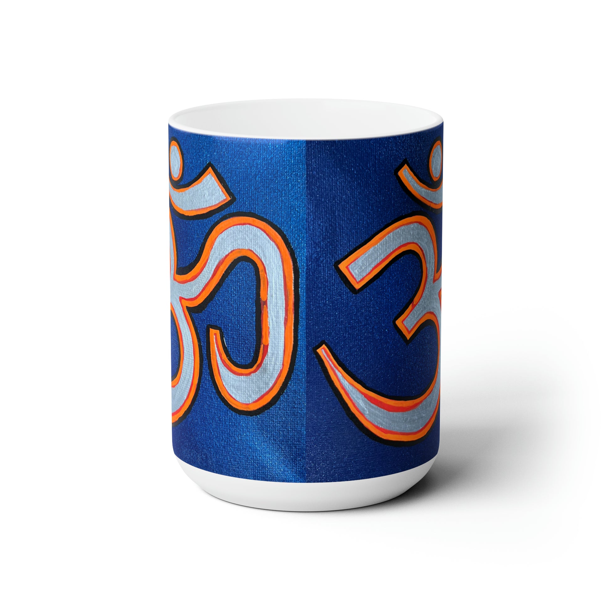 Orange & Silver OM on Metallic Blue Jumbo Size Mug - Arjuna Rigby Art and Lifestyle Store