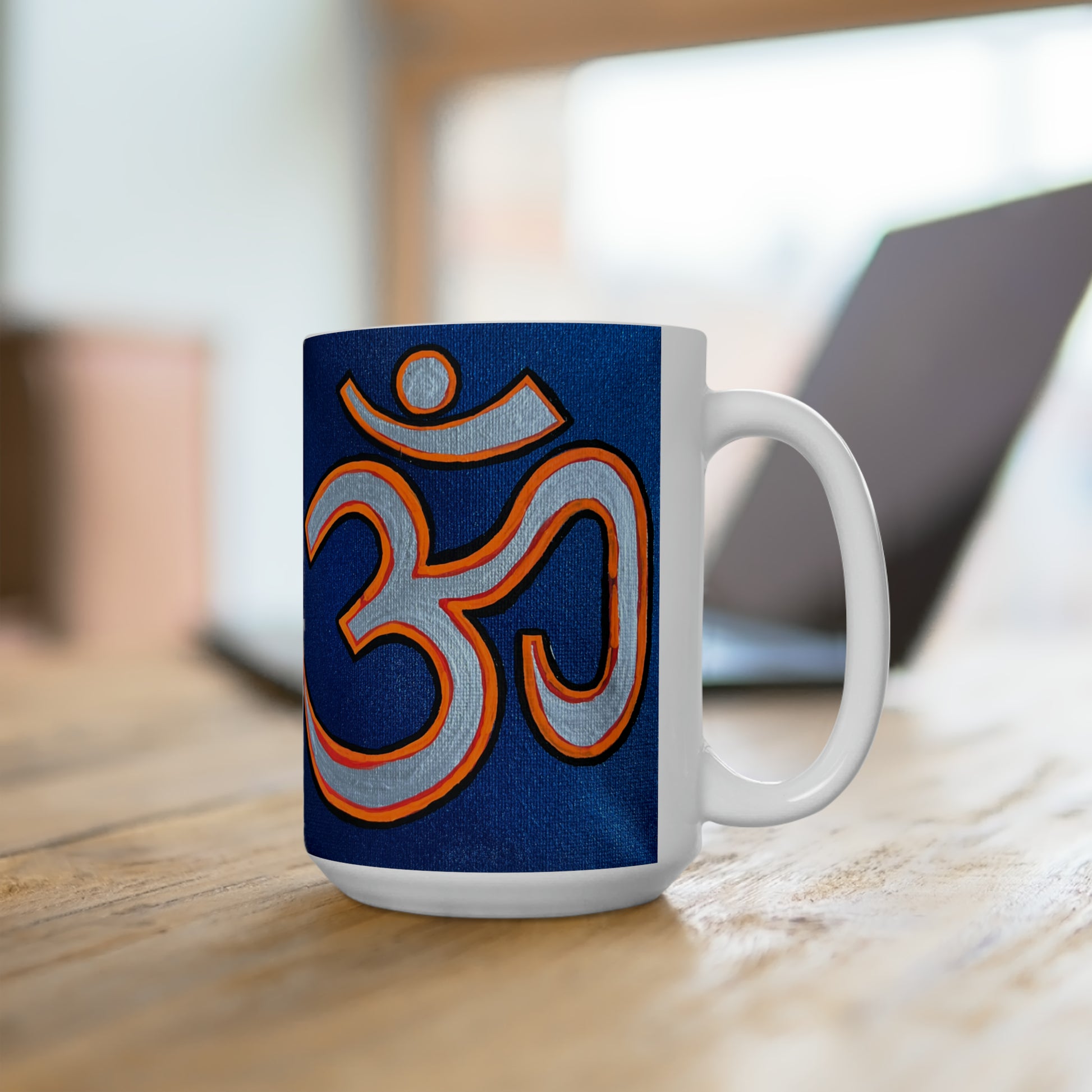 Orange & Silver OM on Metallic Blue Jumbo Size Mug - Arjuna Rigby Art and Lifestyle Store