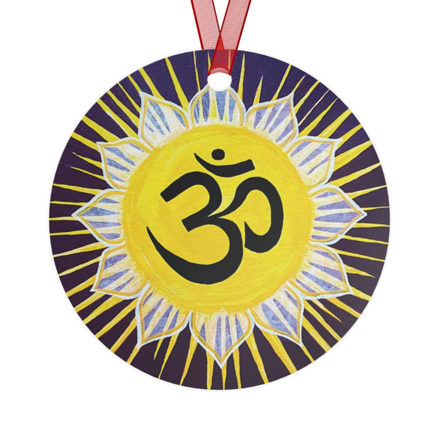 Sunburst Om on Purple metal ornament
