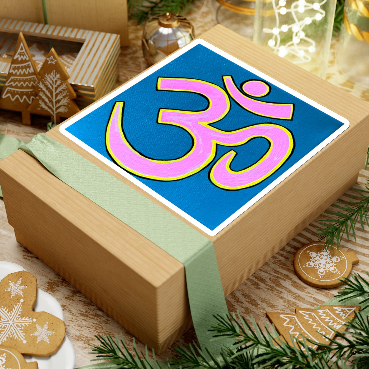 Pink & Yellow OM on Blue Sticker - Arjuna Rigby Art and Lifestyle Store