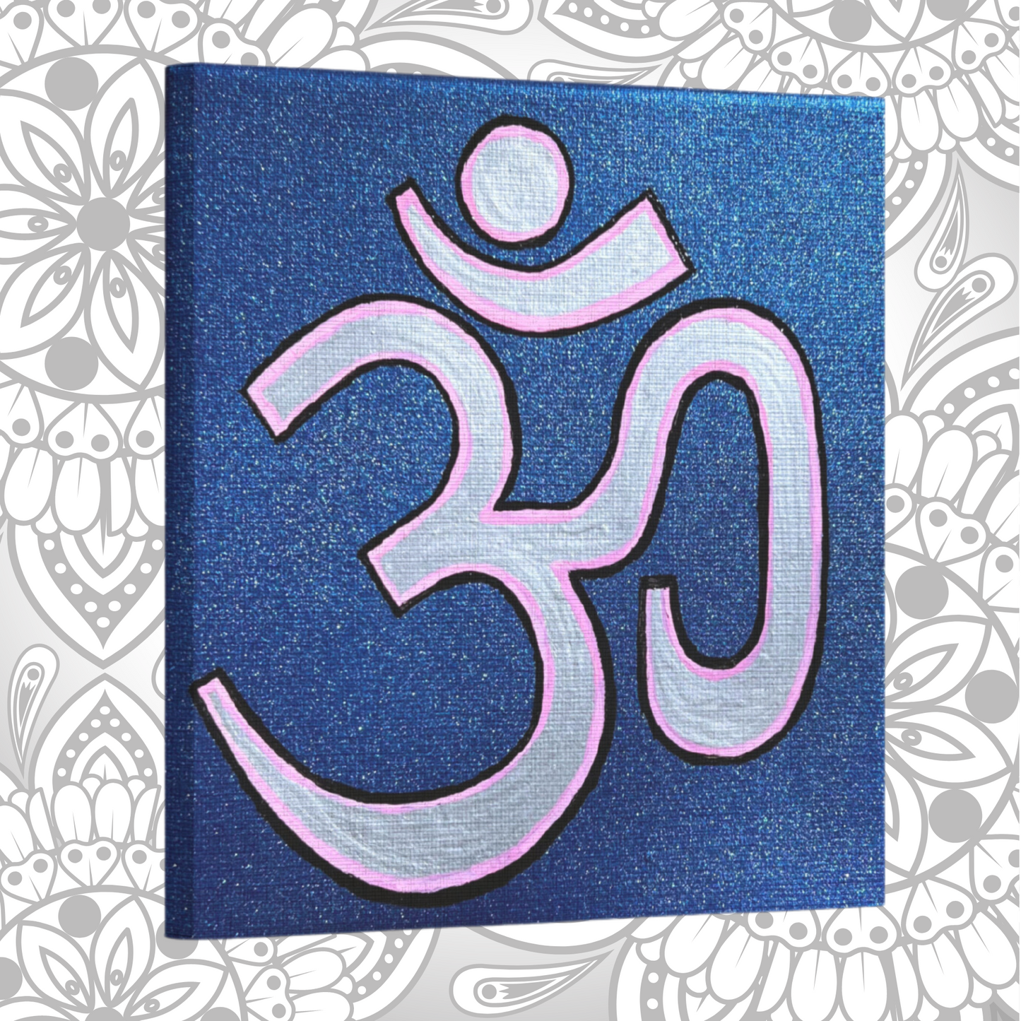Pink & Silver OM on Metallic Blue 6 x 6 inch canvas - Arjuna Rigby Art and Lifestyle Store