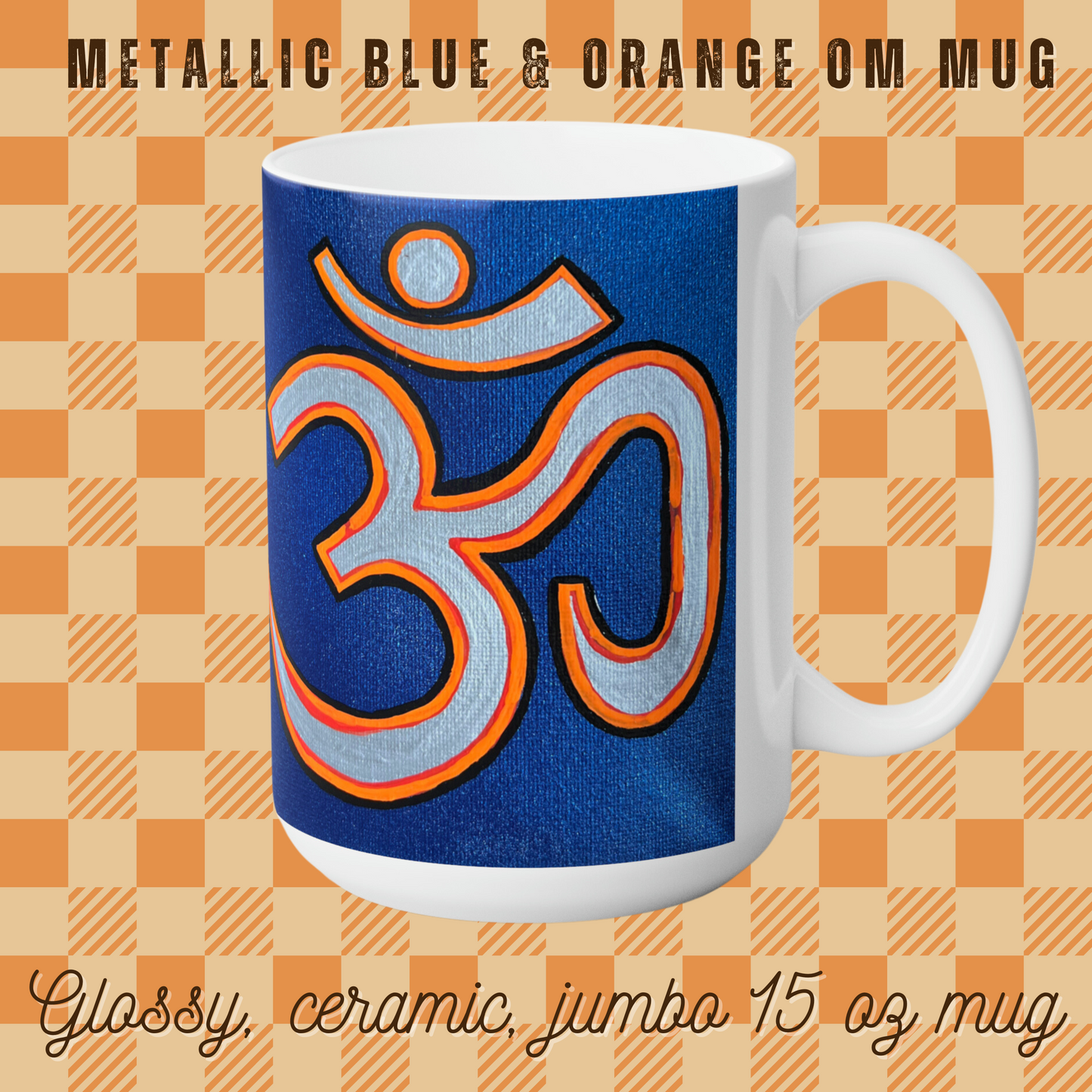 Orange & Silver OM on Metallic Blue Jumbo Size Mug - Arjuna Rigby Art and Lifestyle Store