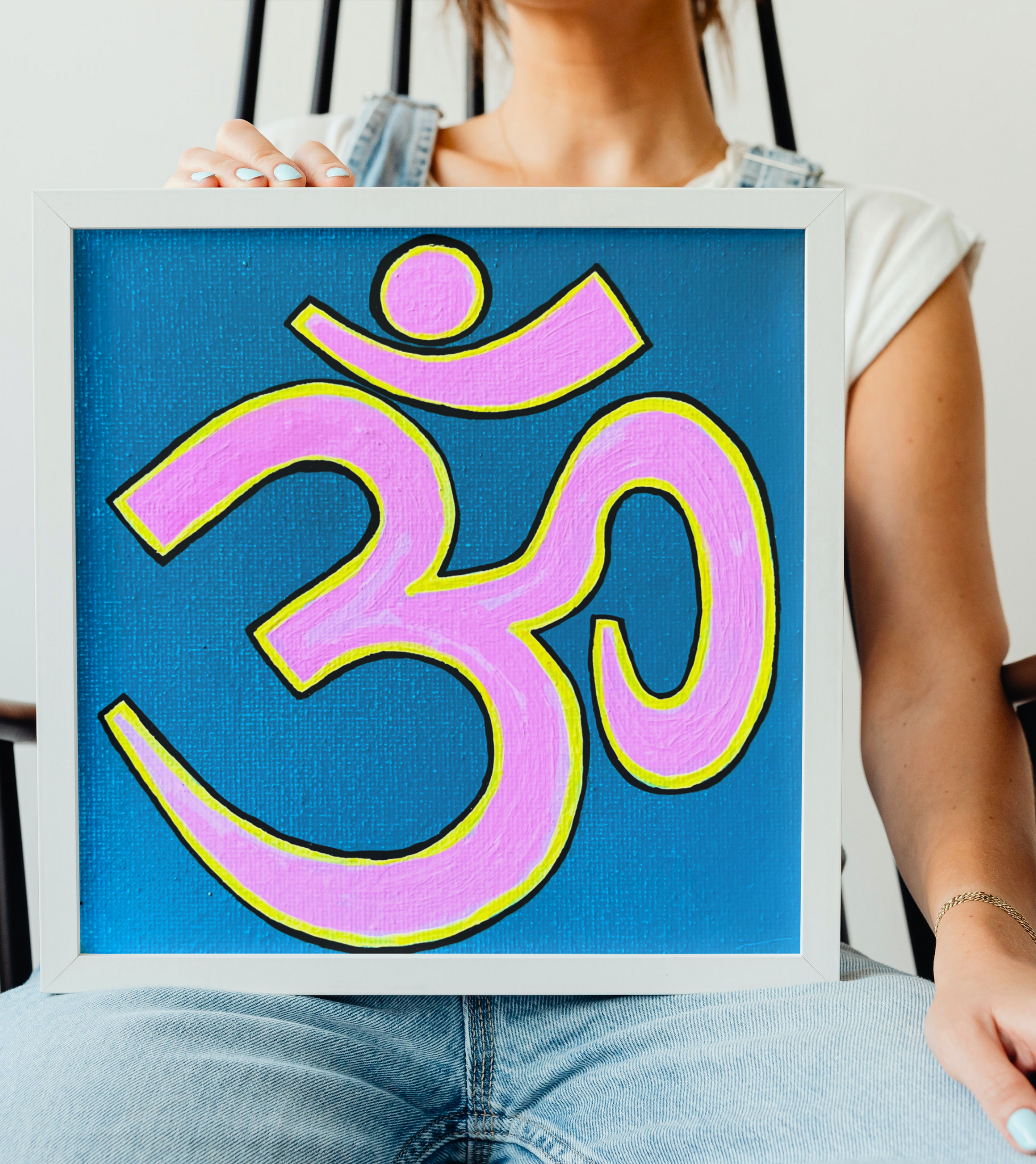 Pink & Yellow OM on Lagoon Blue 6 x 6 inch canvas - Arjuna Rigby Art and Lifestyle Store