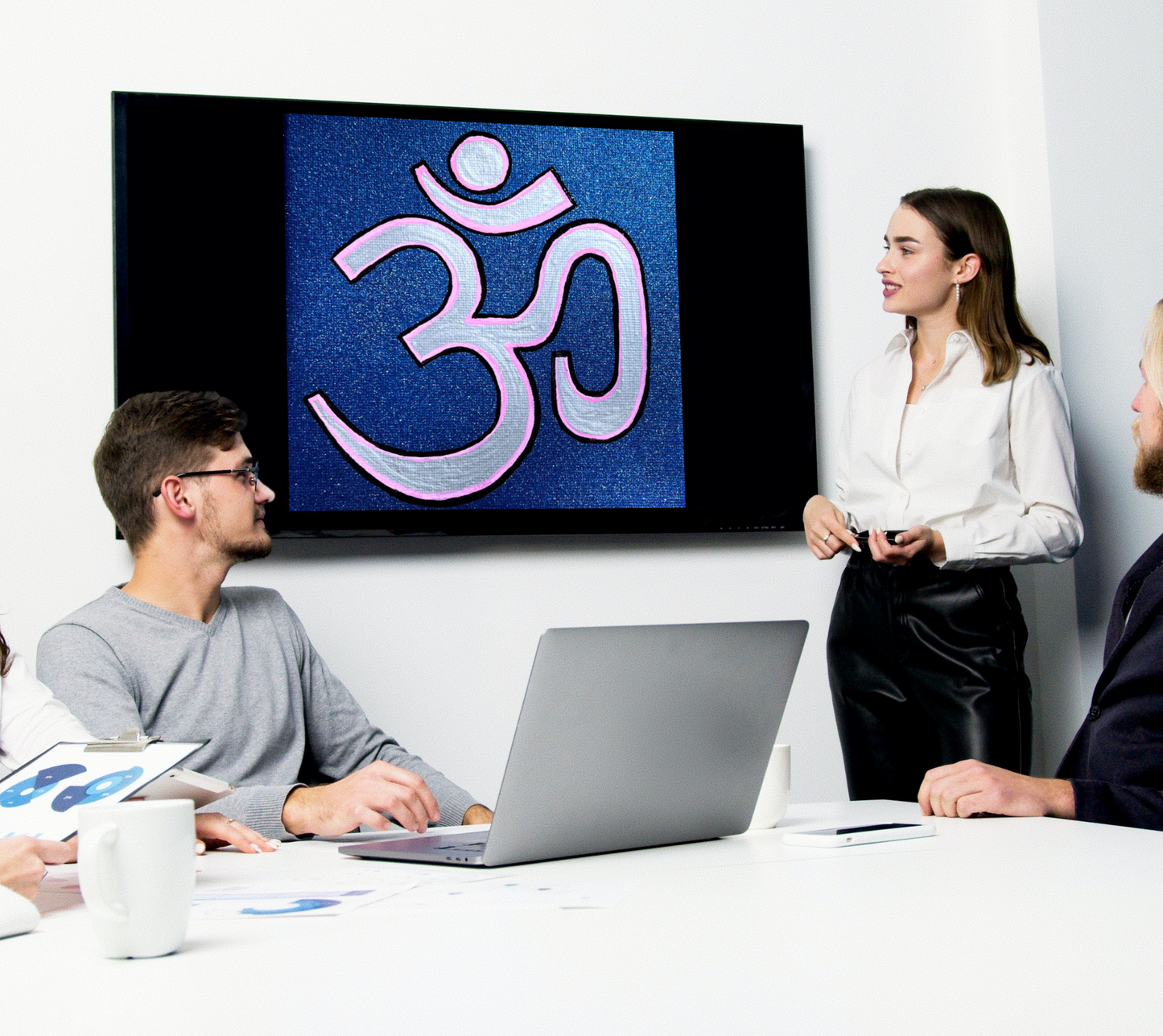 Pink & Silver OM on Metallic Blue 6 x 6 inch canvas - Arjuna Rigby Art and Lifestyle Store