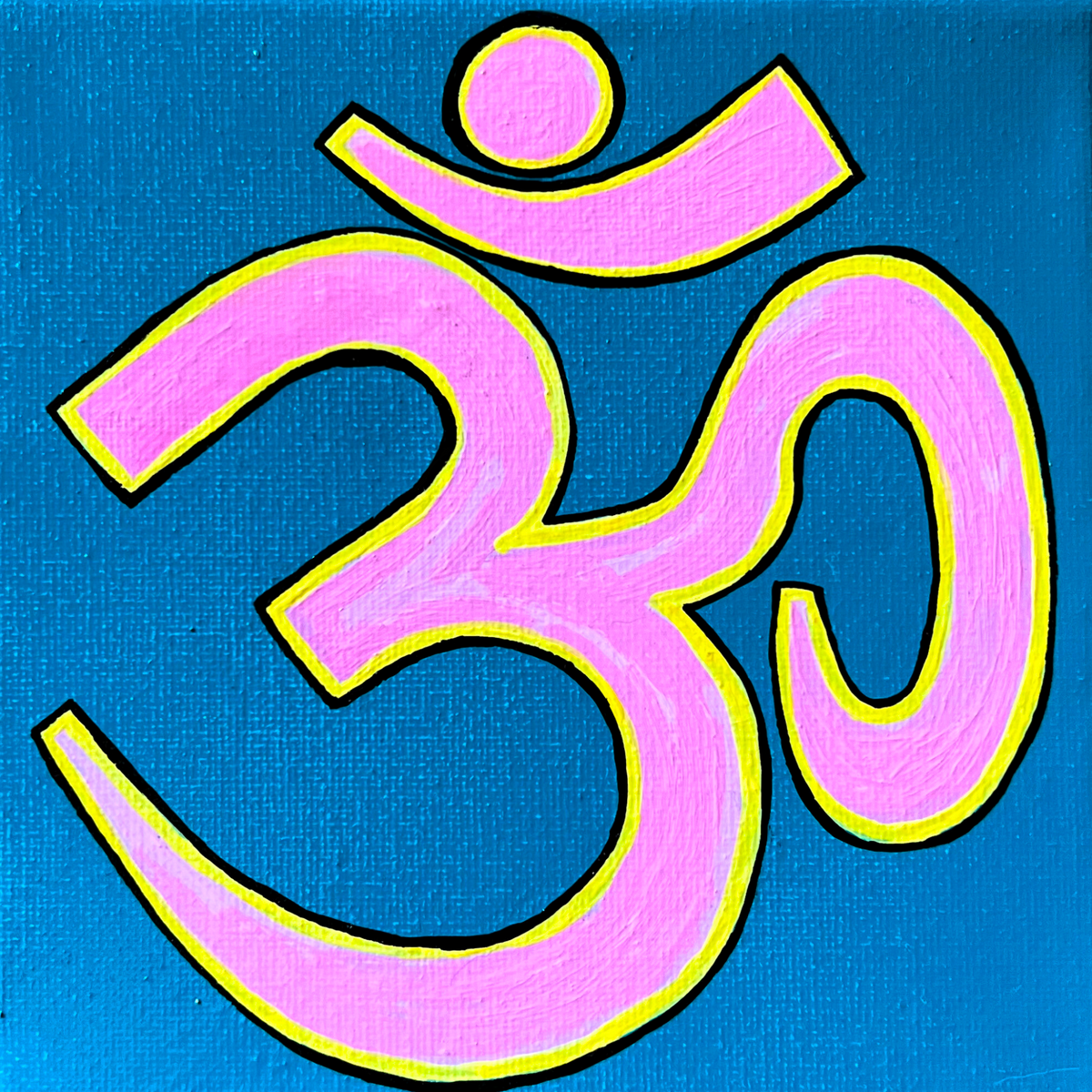 Pink & Yellow OM on Lagoon Blue 6 x 6 inch canvas - Arjuna Rigby Art and Lifestyle Store