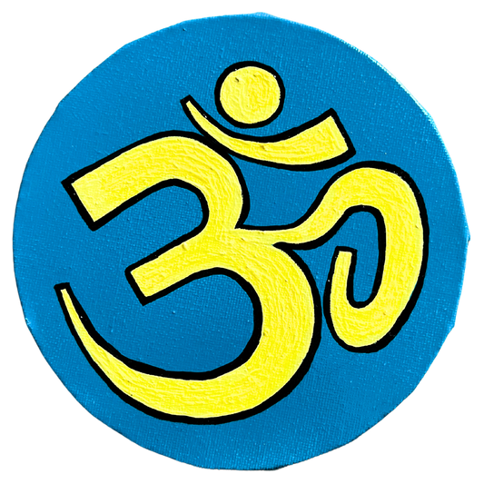 Small Hand Painted OM symbol Circle - Lagoon blue and yellow - Arjuna Rigby Art and Lifestyle Store