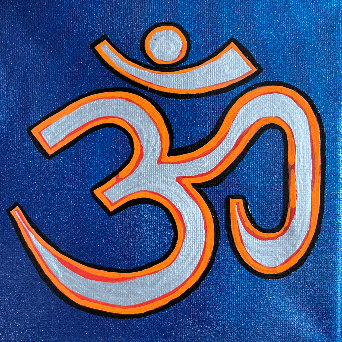 Pink & Yellow OM on Lagoon Blue 6 x 6 inch canvas - Arjuna Rigby Art and Lifestyle Store