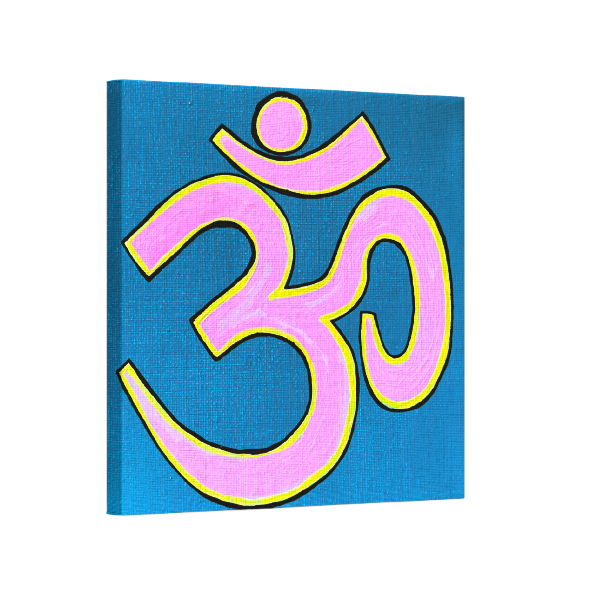 Pink & Yellow OM on Lagoon Blue 6 x 6 inch canvas - Arjuna Rigby Art and Lifestyle Store