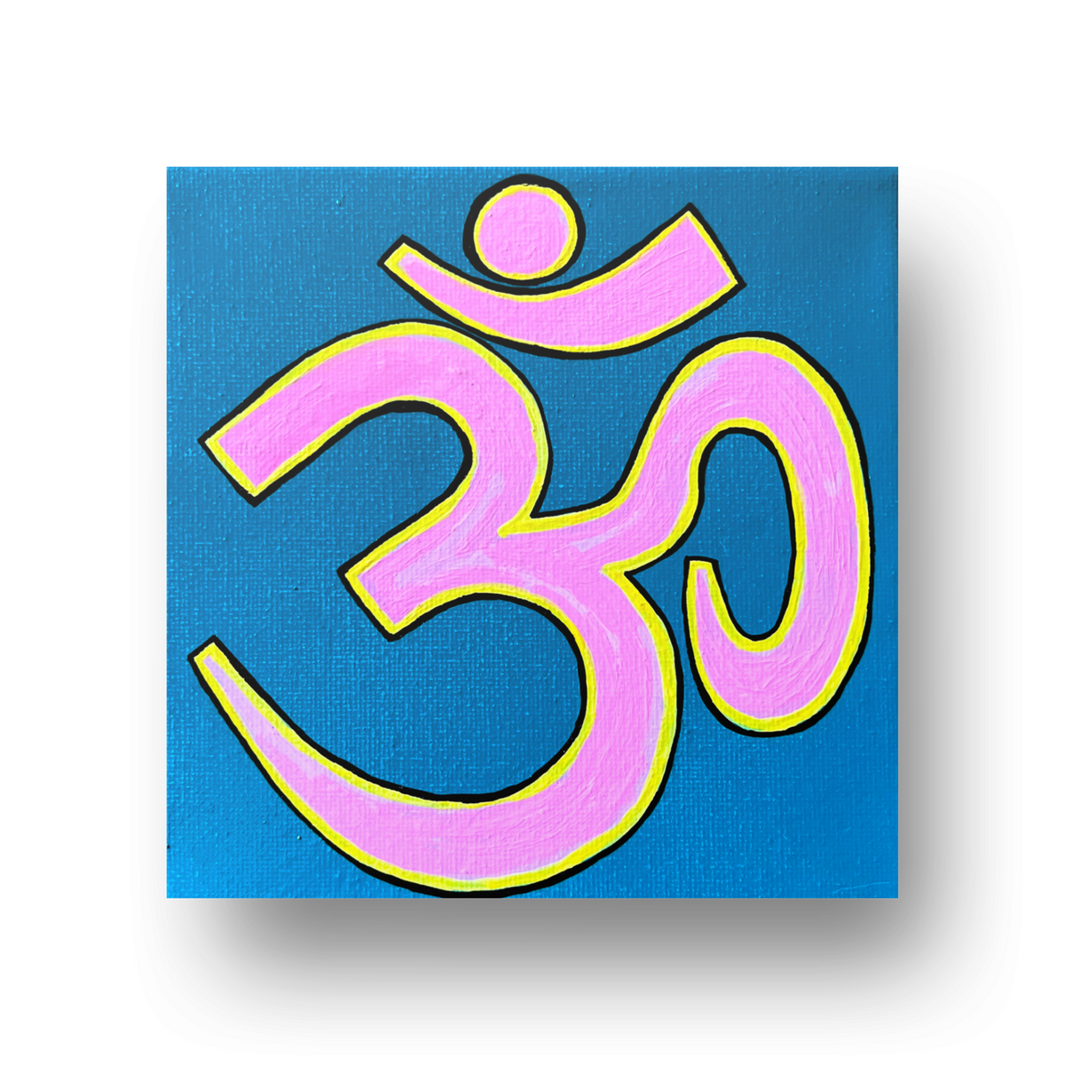 Pink & Yellow OM on Lagoon Blue 6 x 6 inch canvas - Arjuna Rigby Art and Lifestyle Store