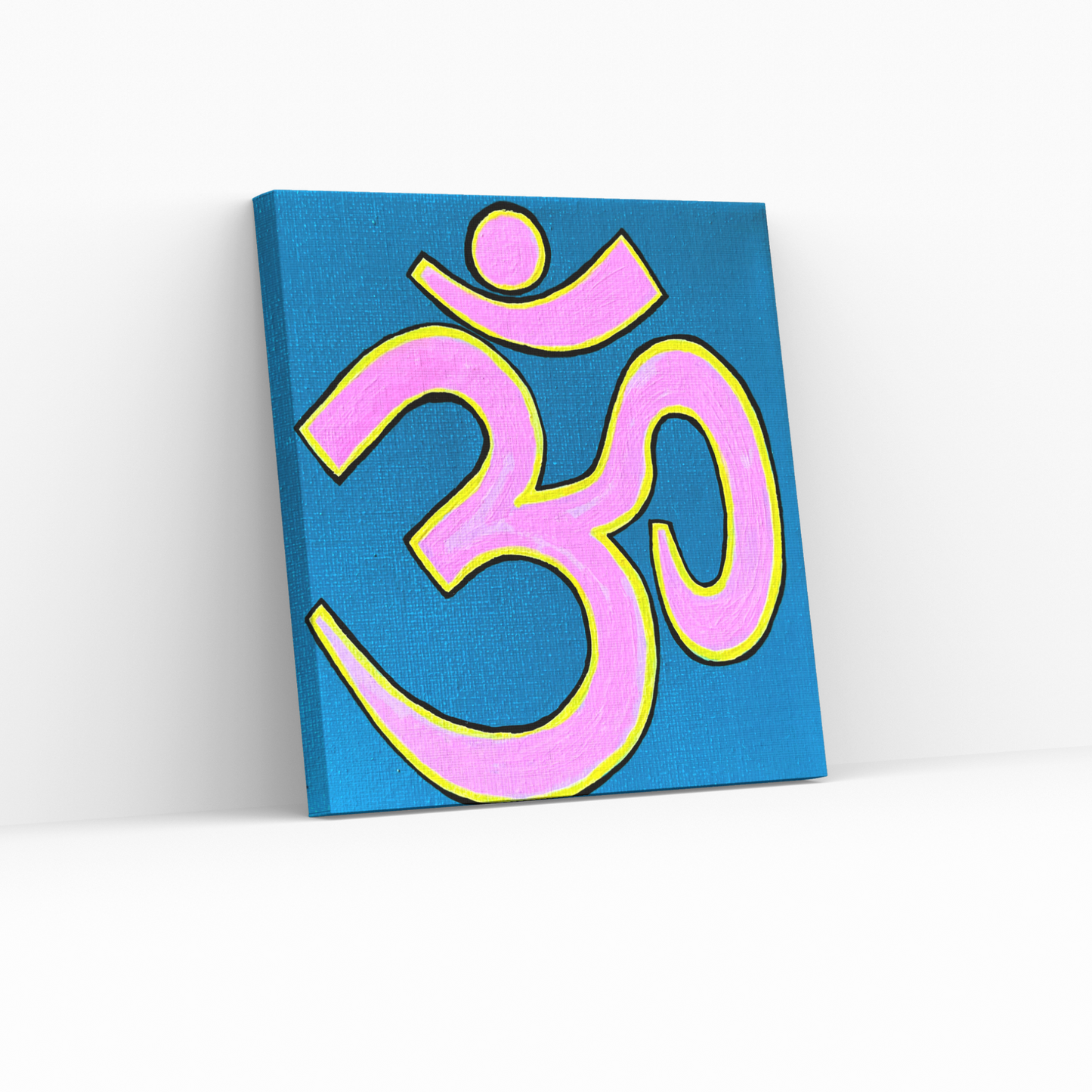 Pink & Yellow OM on Lagoon Blue 6 x 6 inch canvas - Arjuna Rigby Art and Lifestyle Store