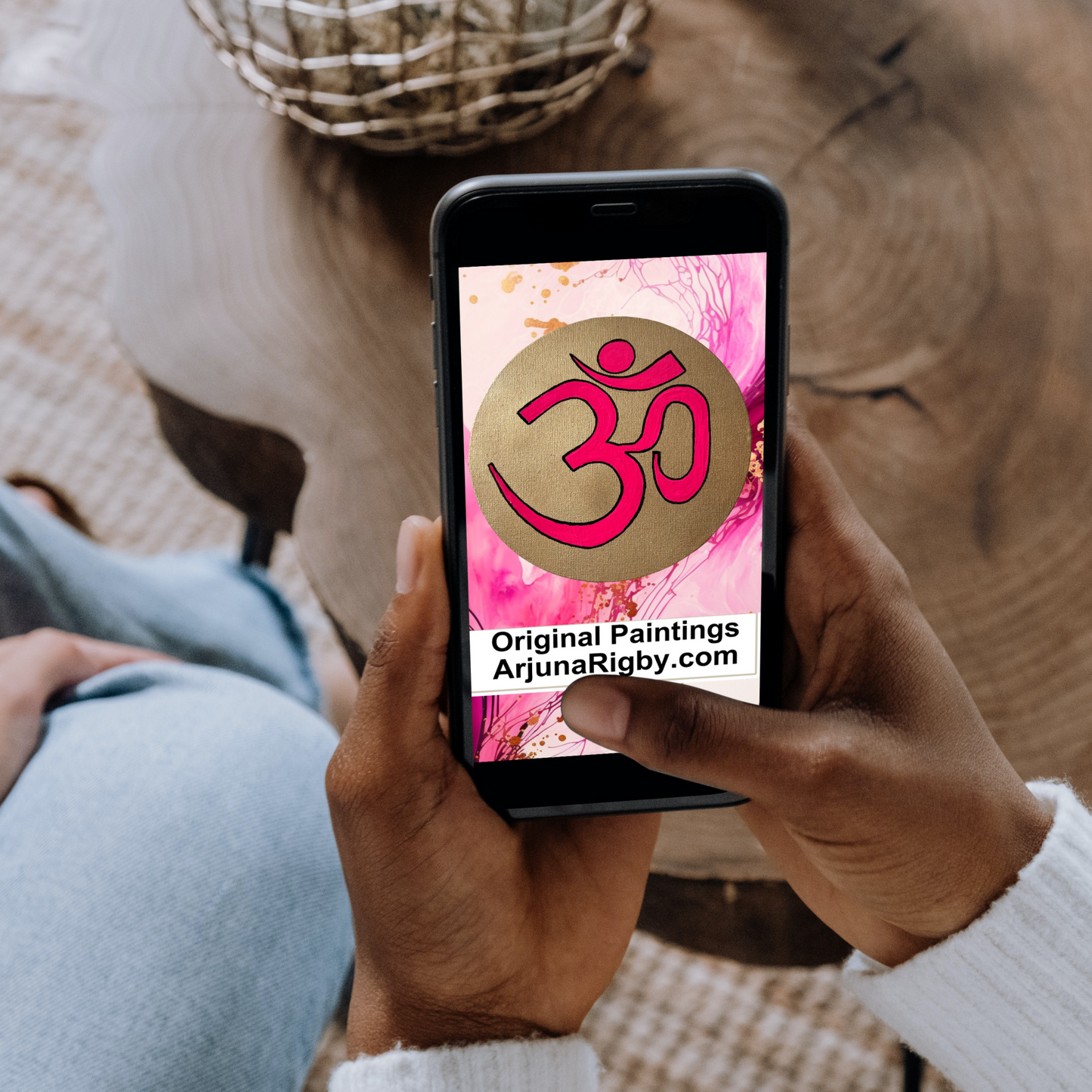 Pink OM symbol on gold background - Arjuna Rigby Art and Lifestyle Store