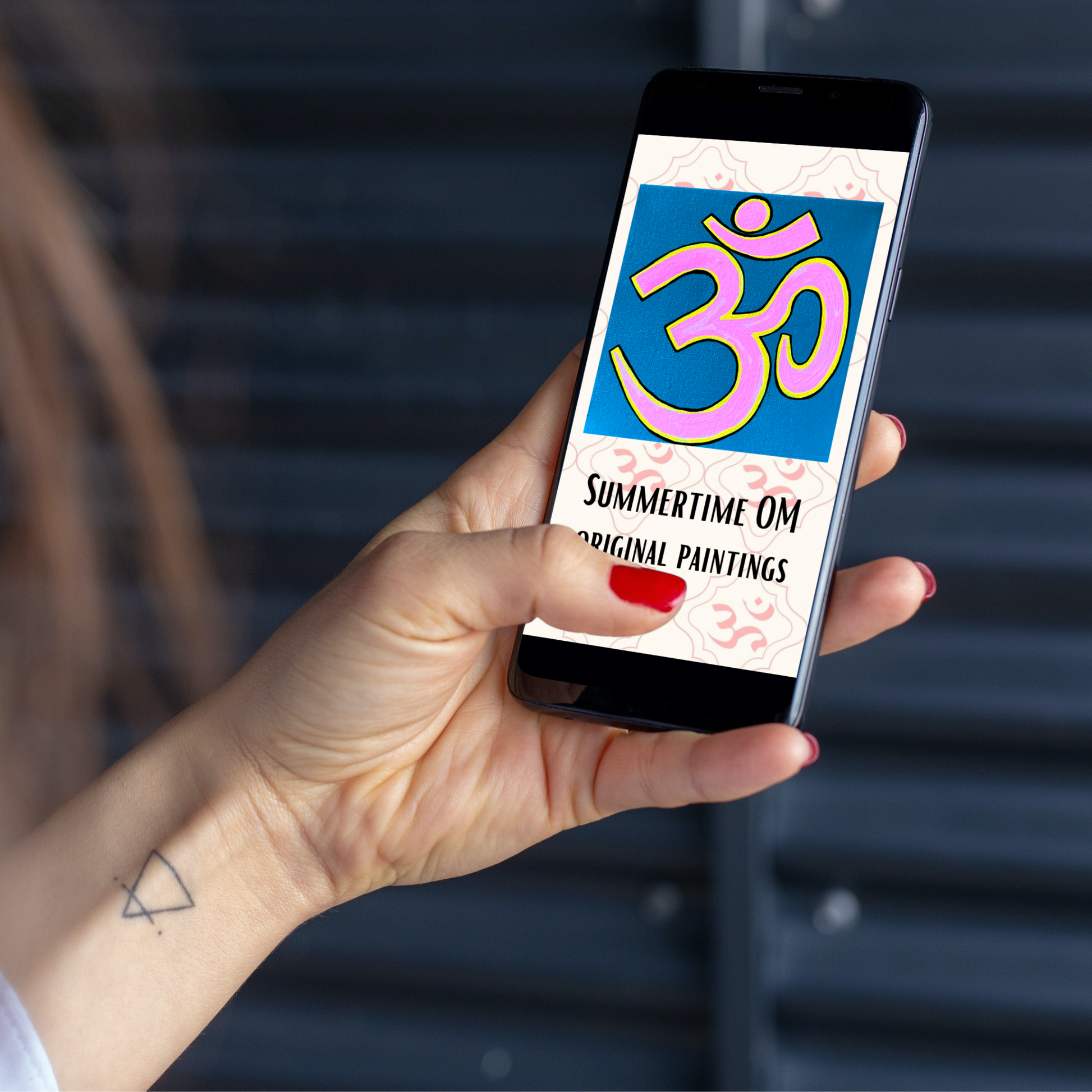 Pink & Yellow OM on Lagoon Blue 6 x 6 inch canvas - Arjuna Rigby Art and Lifestyle Store