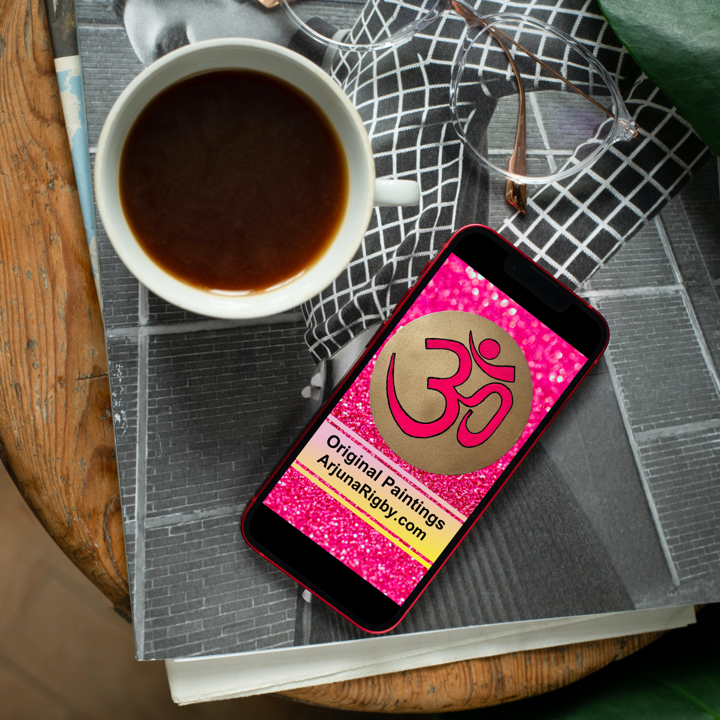 Pink OM symbol on gold background - Arjuna Rigby Art and Lifestyle Store