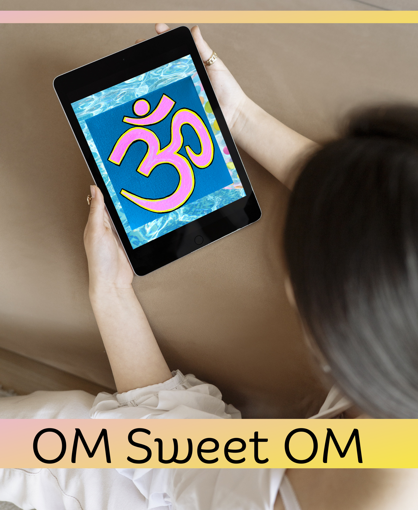 Pink & Yellow OM on Lagoon Blue 6 x 6 inch canvas - Arjuna Rigby Art and Lifestyle Store
