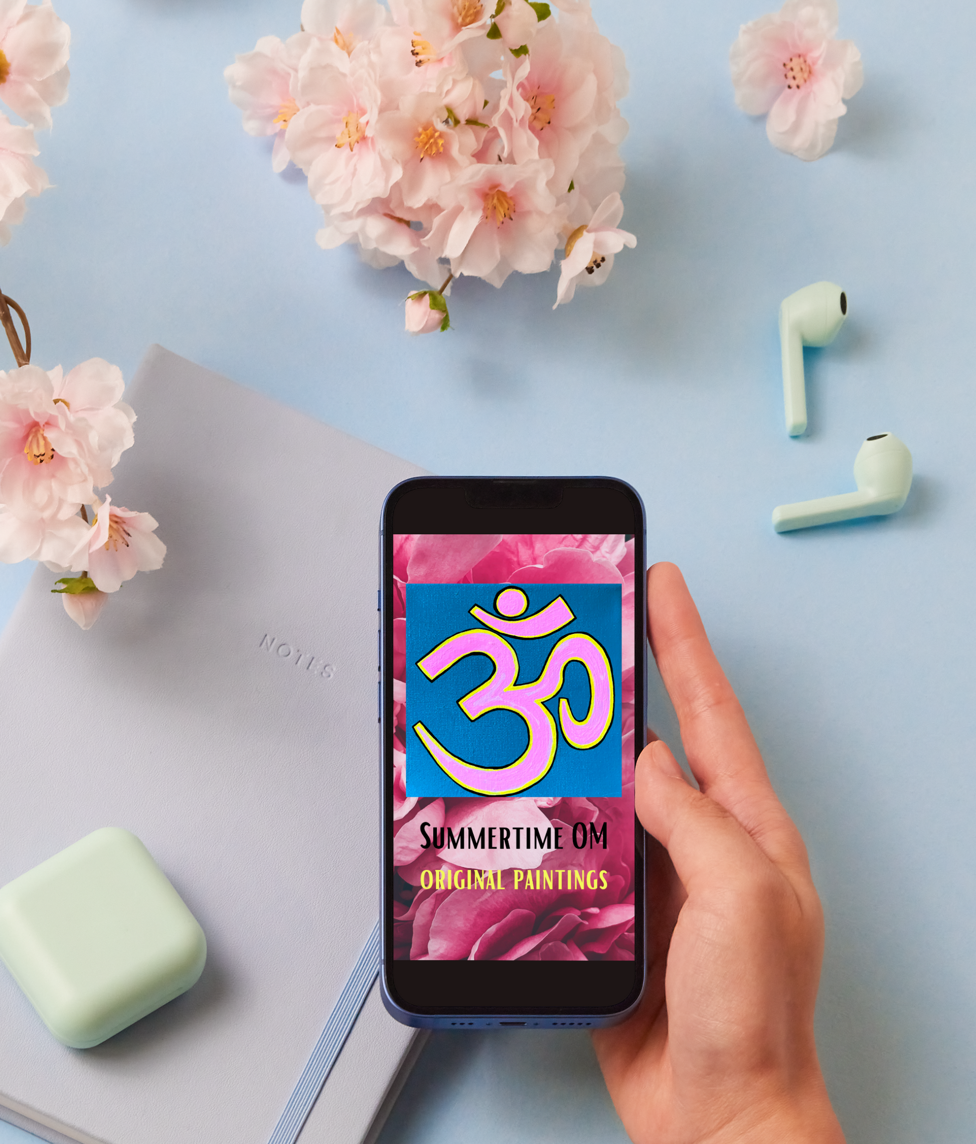 Pink & Yellow OM on Lagoon Blue 6 x 6 inch canvas - Arjuna Rigby Art and Lifestyle Store