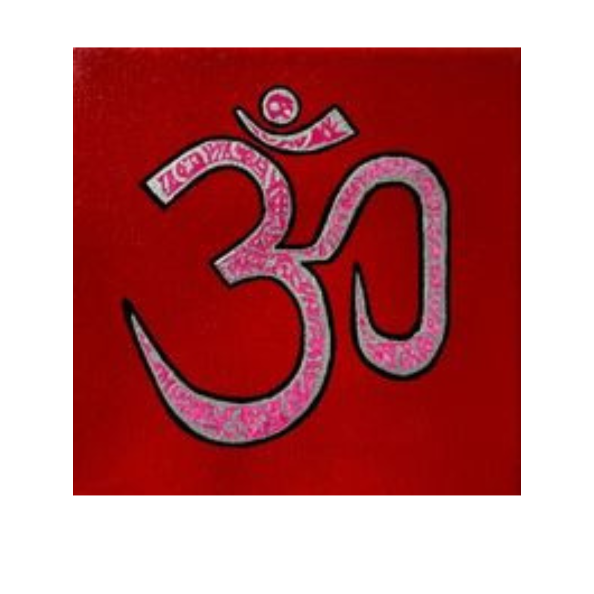 Pink & Silver OM Symbol on red 6 x 6 inch canvas - Arjuna Rigby Art and Lifestyle Store
