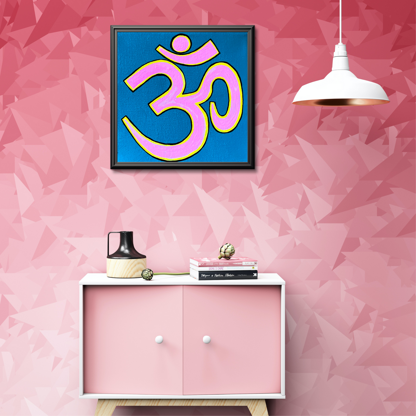 Pink & Yellow OM on Lagoon Blue 6 x 6 inch canvas - Arjuna Rigby Art and Lifestyle Store