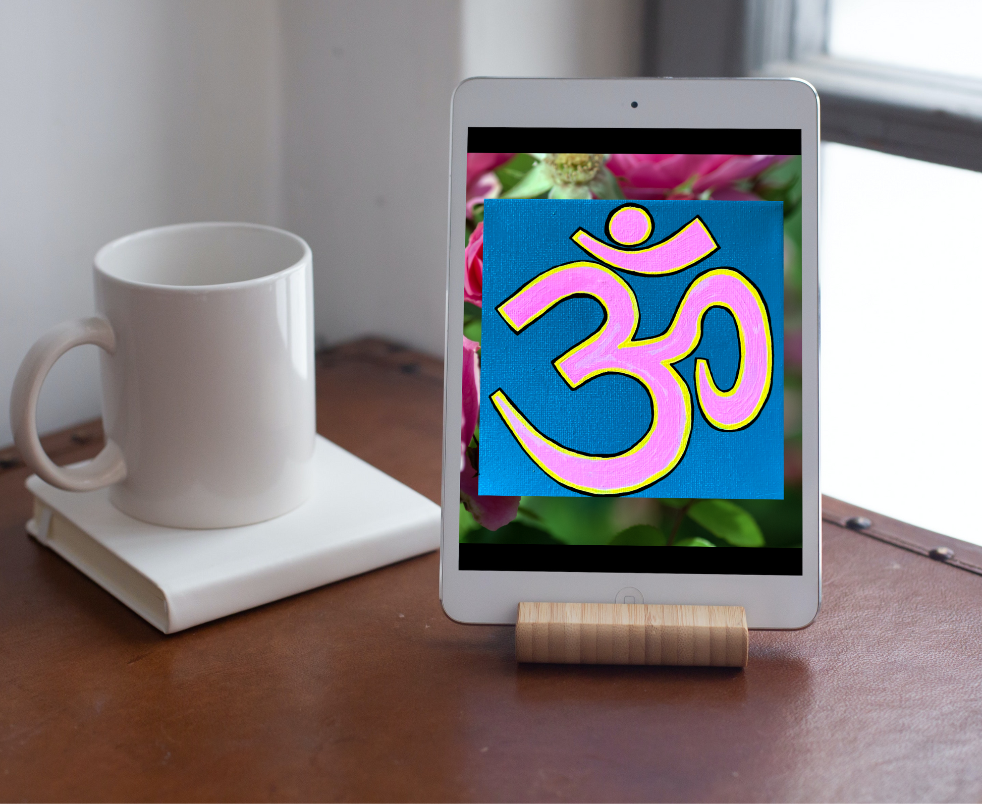 Pink & Yellow OM on Lagoon Blue 6 x 6 inch canvas - Arjuna Rigby Art and Lifestyle Store