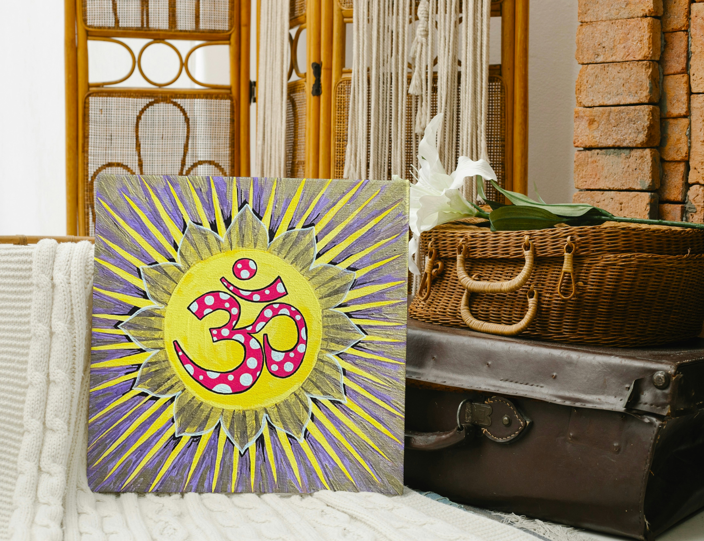 Polka Dot Sunburst OM 12 x 12 inch painting - Arjuna Rigby Art and Lifestyle Store