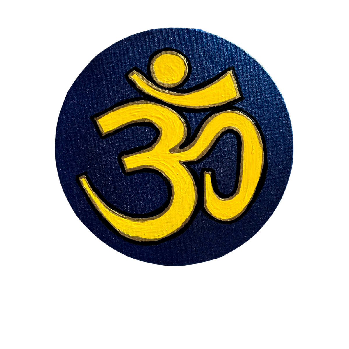 Small Hand Painted OM symbol Circle - Yellow on Metallic blue - Arjuna Rigby Art and Lifestyle Store