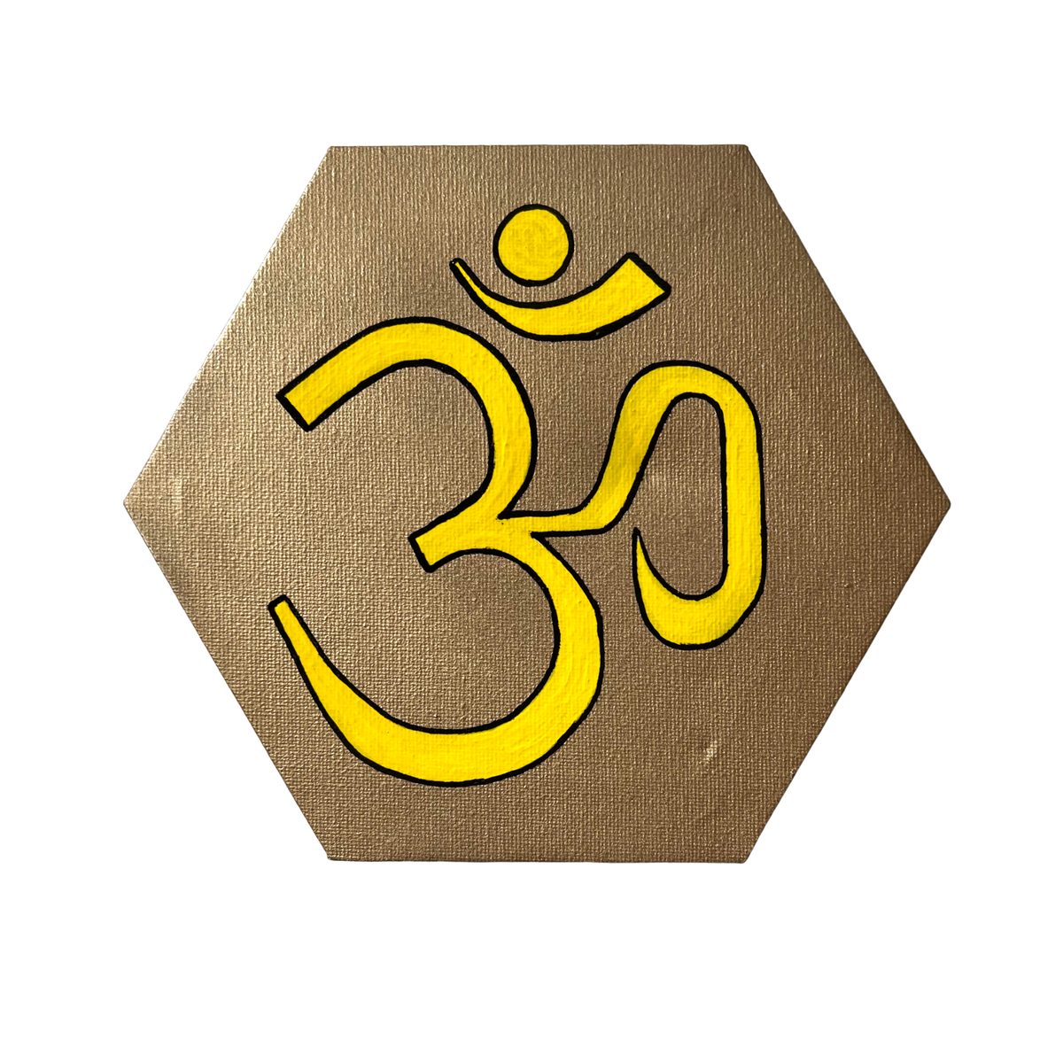 Yellow OM symbol on gold background - Arjuna Rigby Art and Lifestyle Store