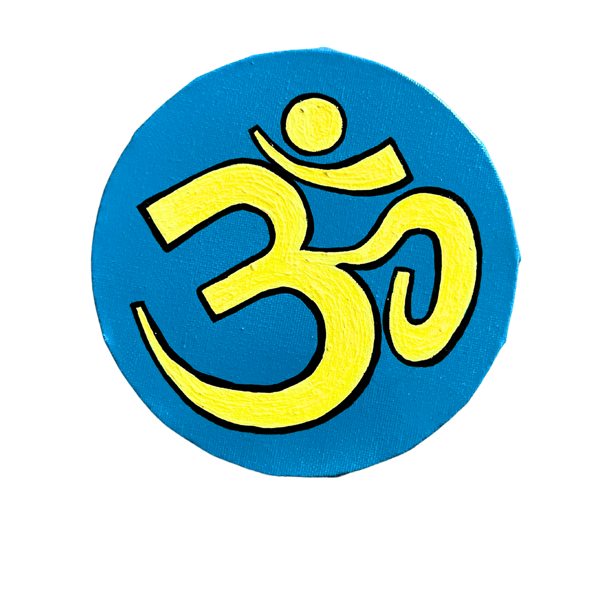 Small Hand Painted OM symbol Circle - Lagoon blue and yellow - Arjuna Rigby Art and Lifestyle Store