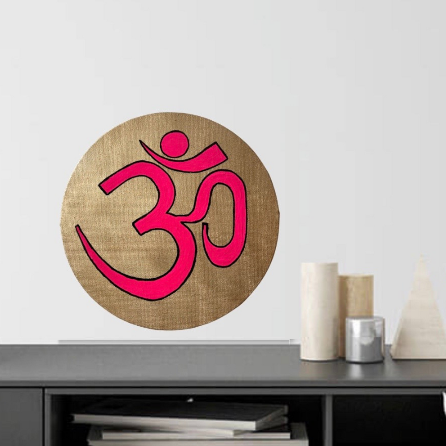 Pink OM symbol on gold background - Arjuna Rigby Art and Lifestyle Store