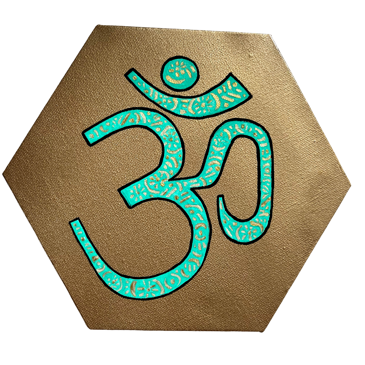 Turquoise & gold AUM symbol on gold background - Arjuna Rigby Art and Lifestyle Store