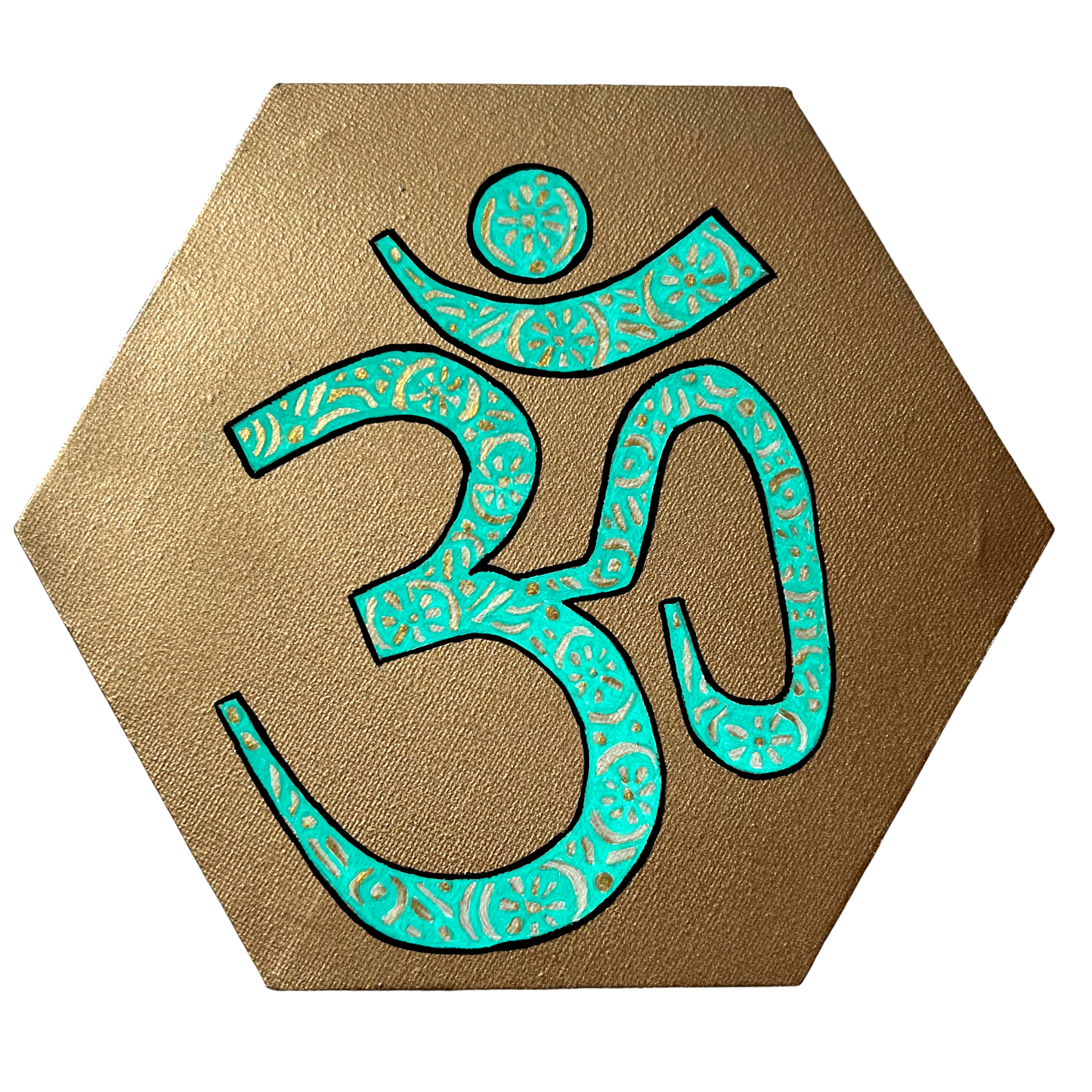 Turquoise & gold AUM symbol on gold background - Arjuna Rigby Art and Lifestyle Store