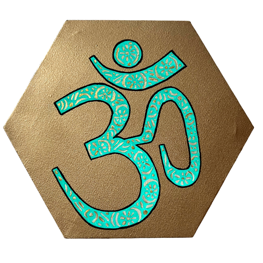 Turquoise & gold AUM symbol on gold background - Arjuna Rigby Art and Lifestyle Store