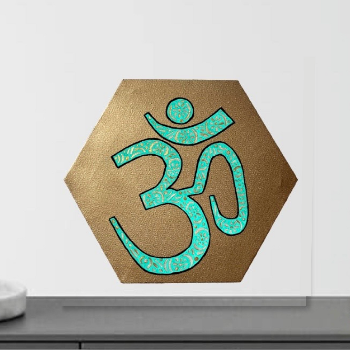 Turquoise & gold AUM symbol on gold background - Arjuna Rigby Art and Lifestyle Store
