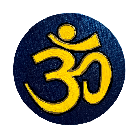 Small Hand Painted OM symbol Circle - Yellow on Metallic blue - Arjuna Rigby Art and Lifestyle Store